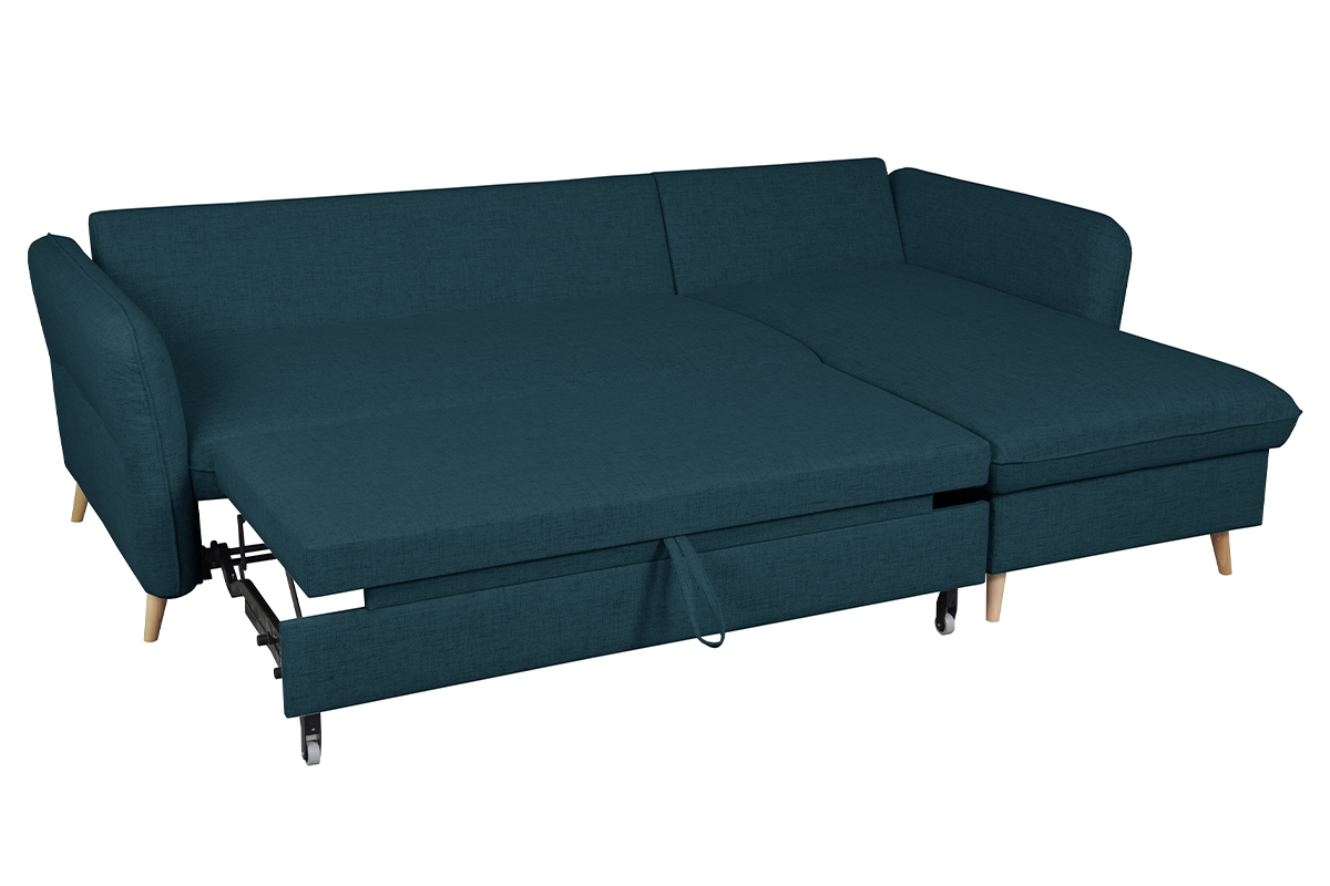 Canap d'angle convertible rversible avec coffre 3-4 places en tissu bleu ocan et bois clair DRISS