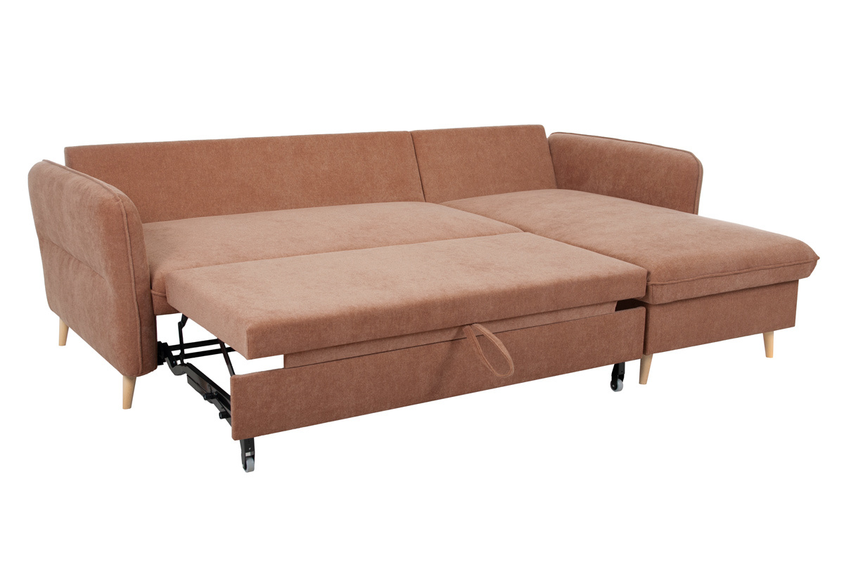 Canap d'angle convertible rversible avec coffre 3-4 places en tissu effet velours terracotta et bois clair DRISS