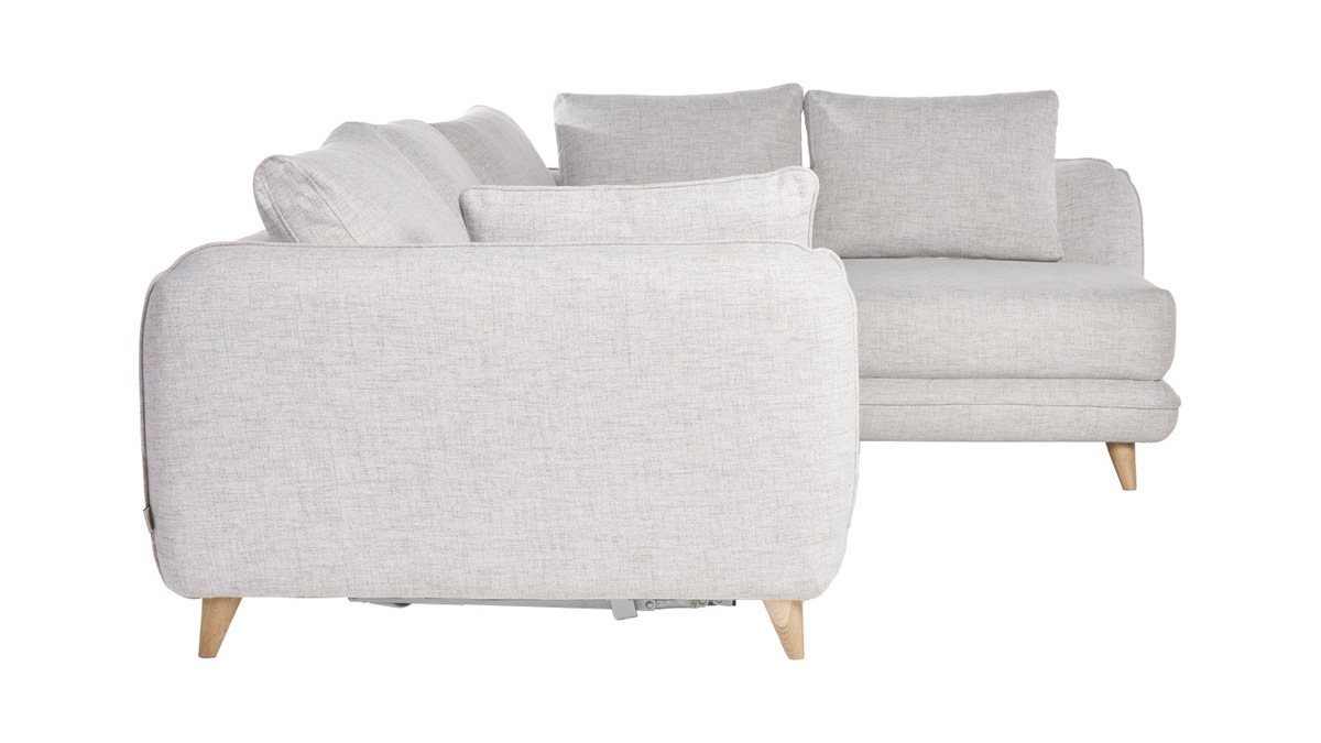 Canap d'angle droit convertible scandinave 5 places en tissu gris clair chin et bois clair CREEP