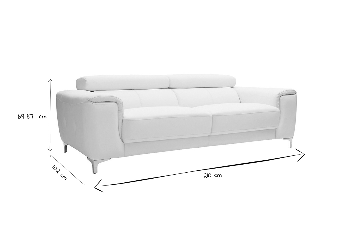 Canap design avec ttires ajustables 3 places cuir blanc et acier chrom NEVADA