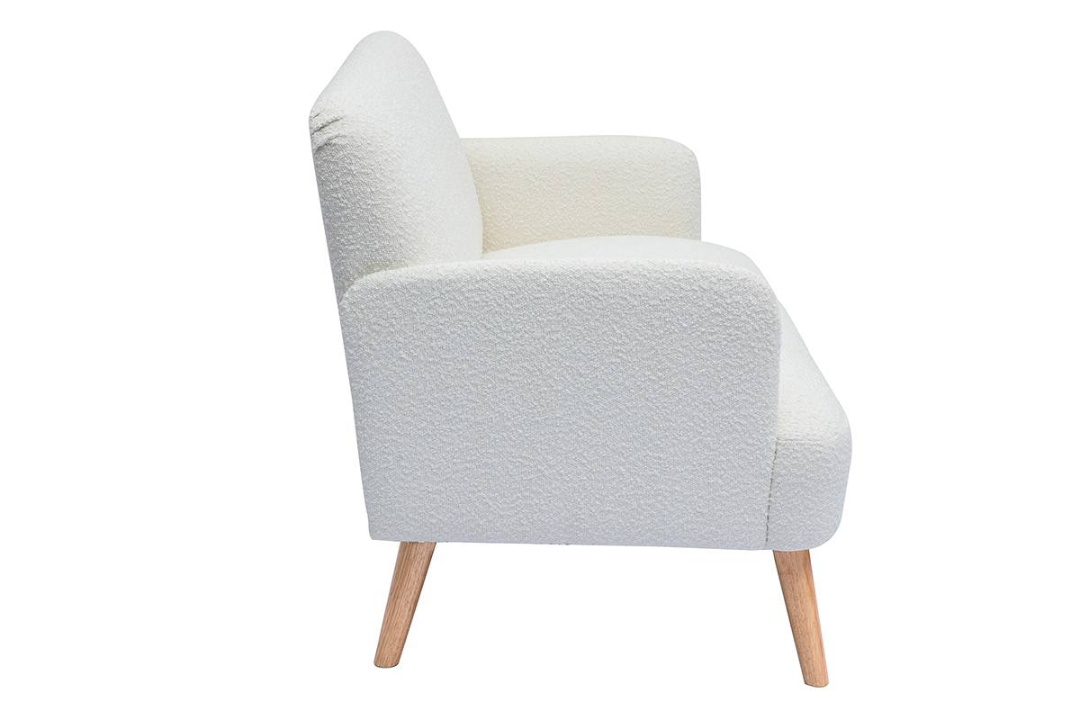 Canap scandinave 2 places en tissu effet laine boucle blanc et bois clair ISKO