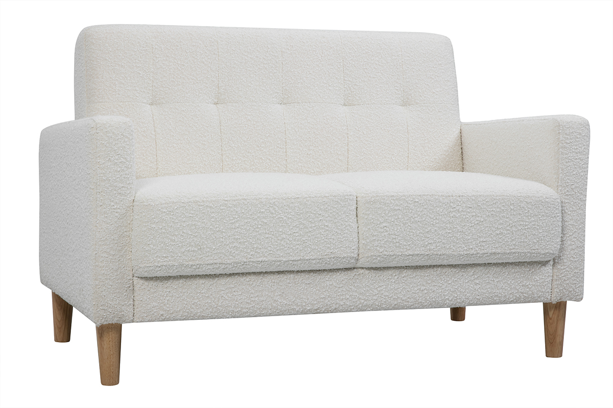 Canap scandinave 2 places en tissu effet laine boucle blanc et bois clair MOON