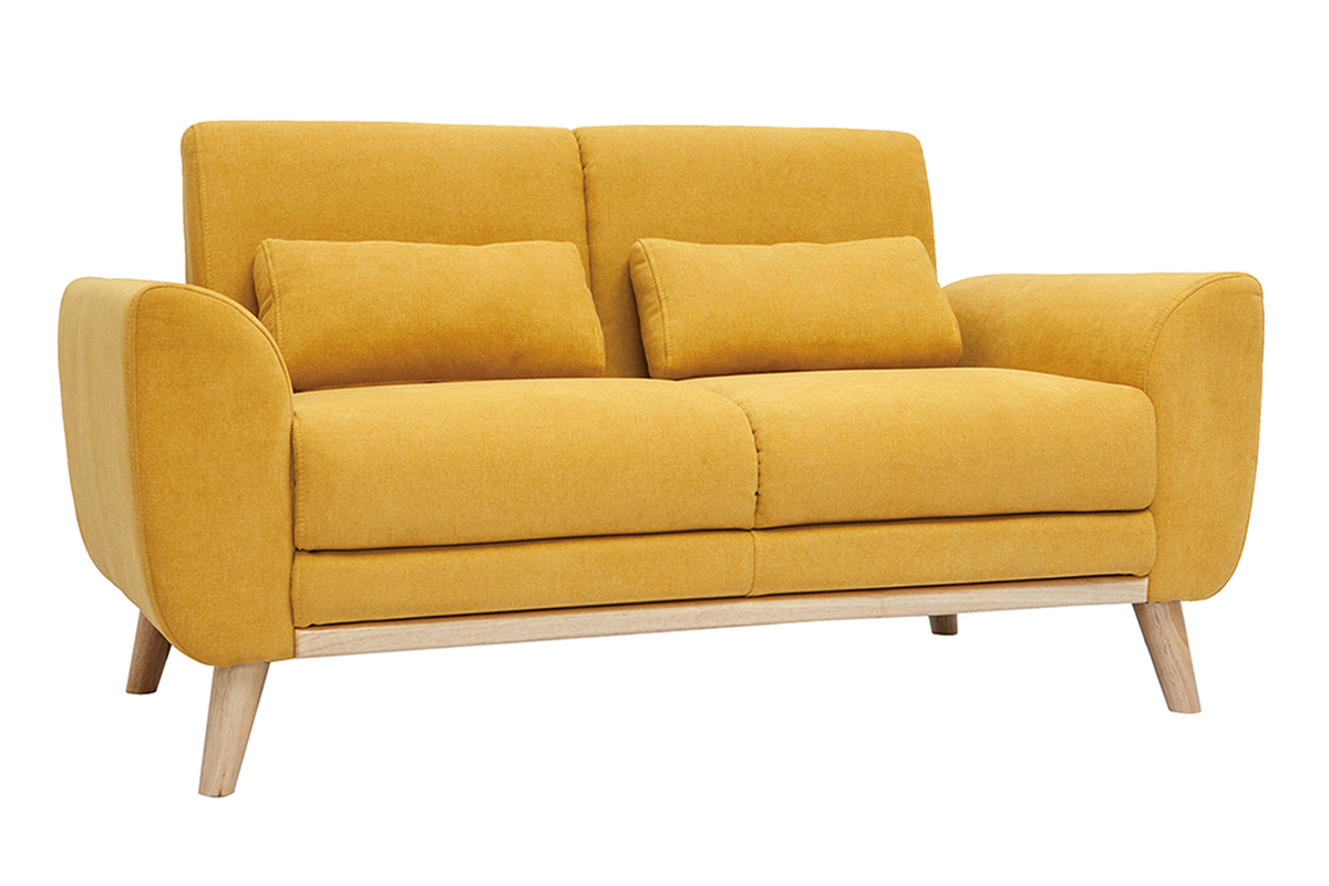 Canap scandinave 2 places en tissu effet velours jaune moutarde et bois clair EKTOR