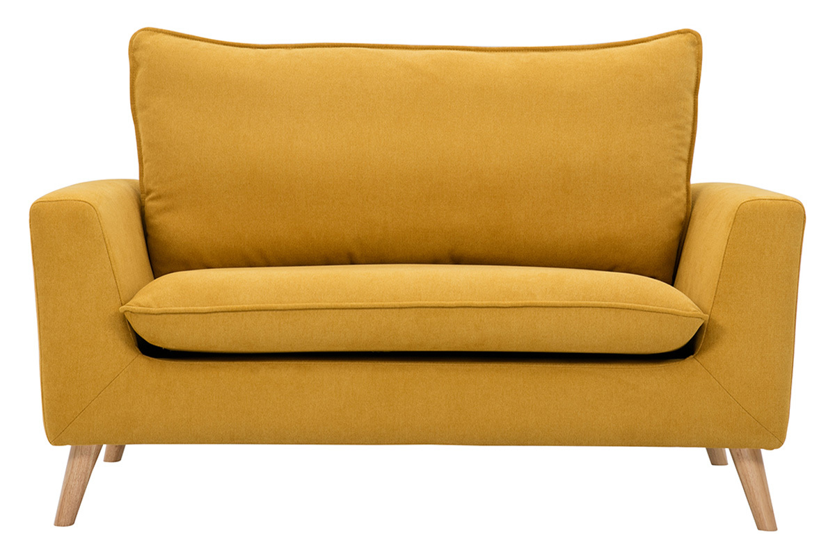 Canap scandinave 2 places en tissu effet velours jaune moutarde et bois clair JONAS