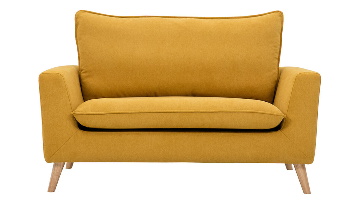 Canap scandinave 2 places en tissu effet velours jaune moutarde et bois clair JONAS