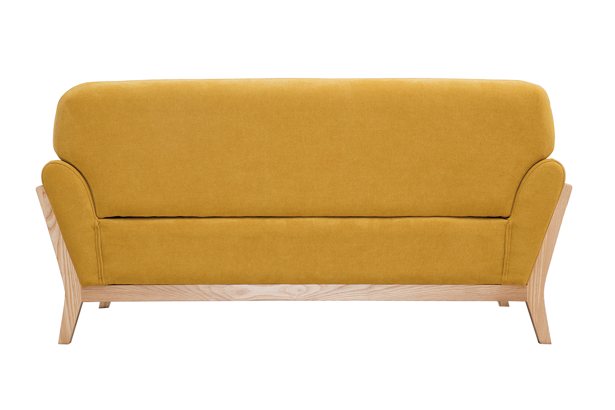 Canap scandinave 2 places en tissu effet velours jaune moutarde et bois clair YOKO