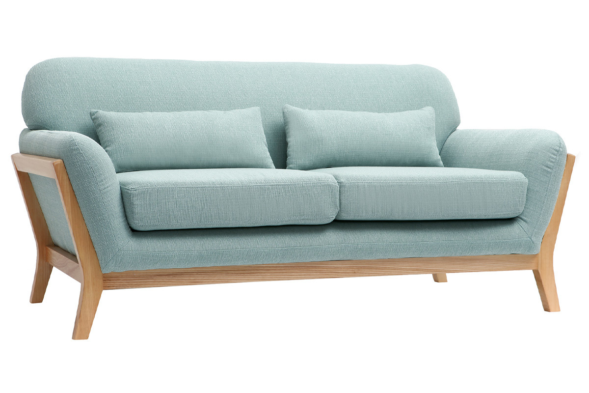 Canap scandinave 2 places en tissu vert lagon et bois clair YOKO