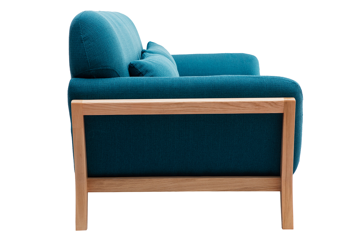 Canap scandinave 3 places en tissu bleu canard et bois clair YOKO