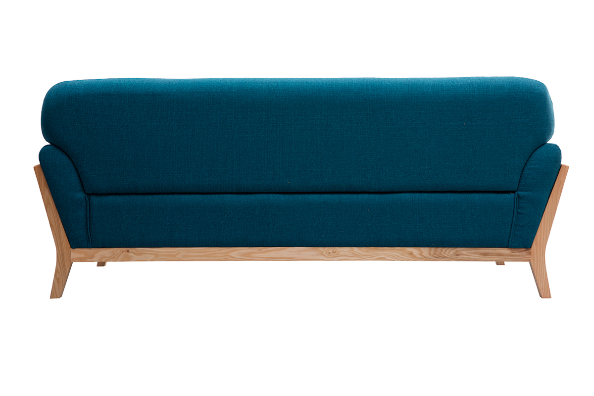 Canap scandinave 3 places en tissu bleu canard et bois clair YOKO