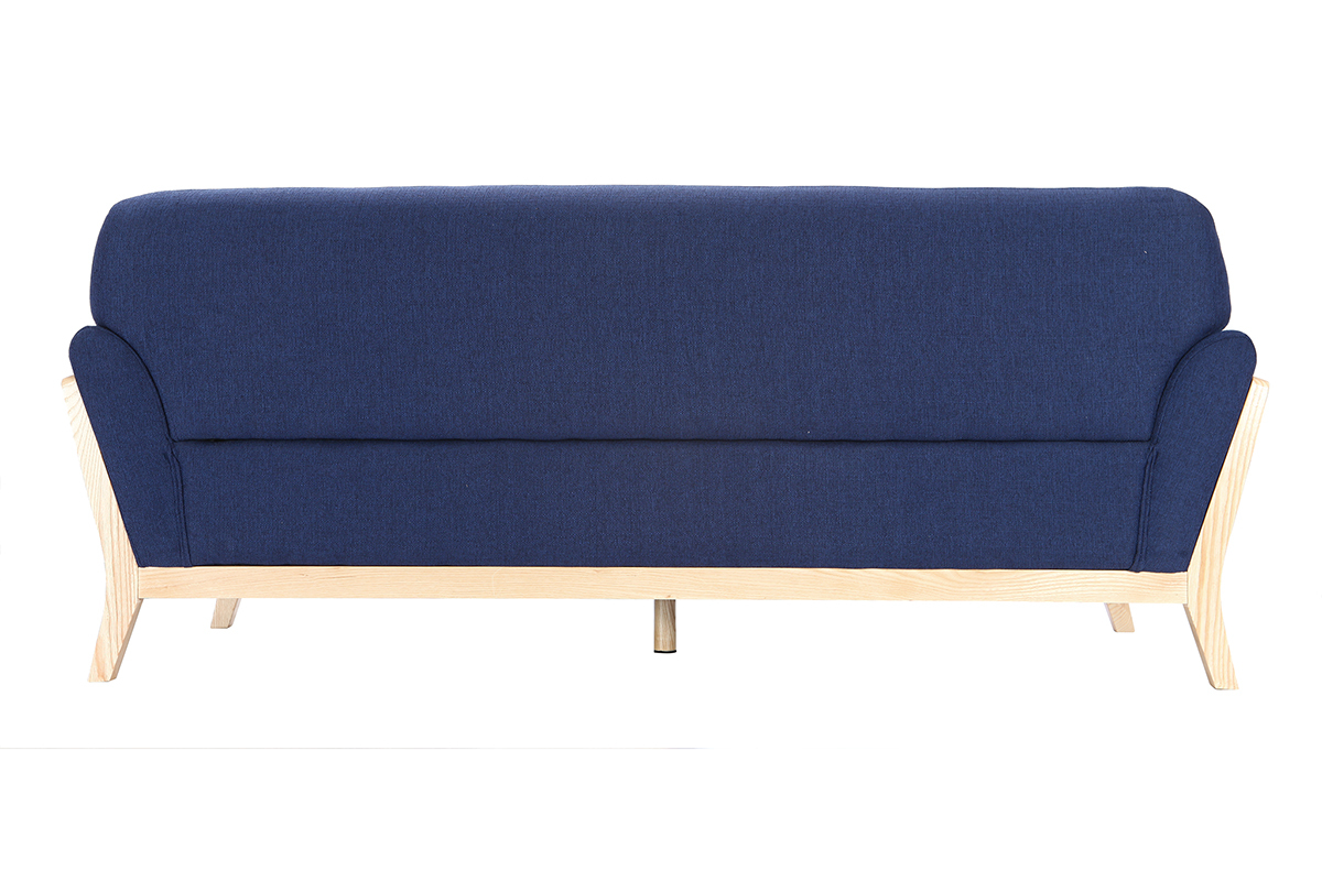 Canap scandinave 3 places en tissu bleu fonc et bois clair YOKO