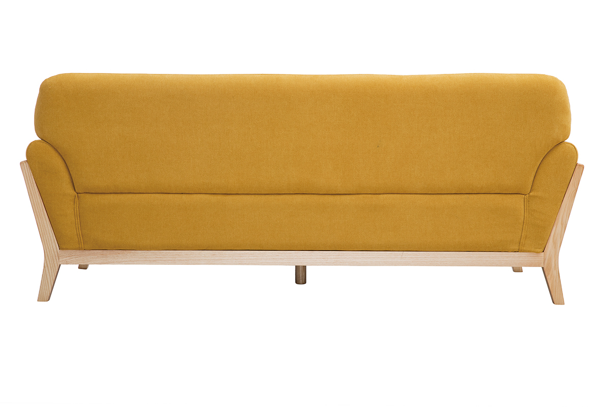 Canap scandinave 3 places en tissu effet velours jaune moutarde et bois clair YOKO