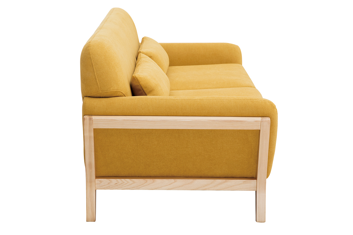 Canap scandinave 3 places en tissu effet velours jaune moutarde et bois clair YOKO