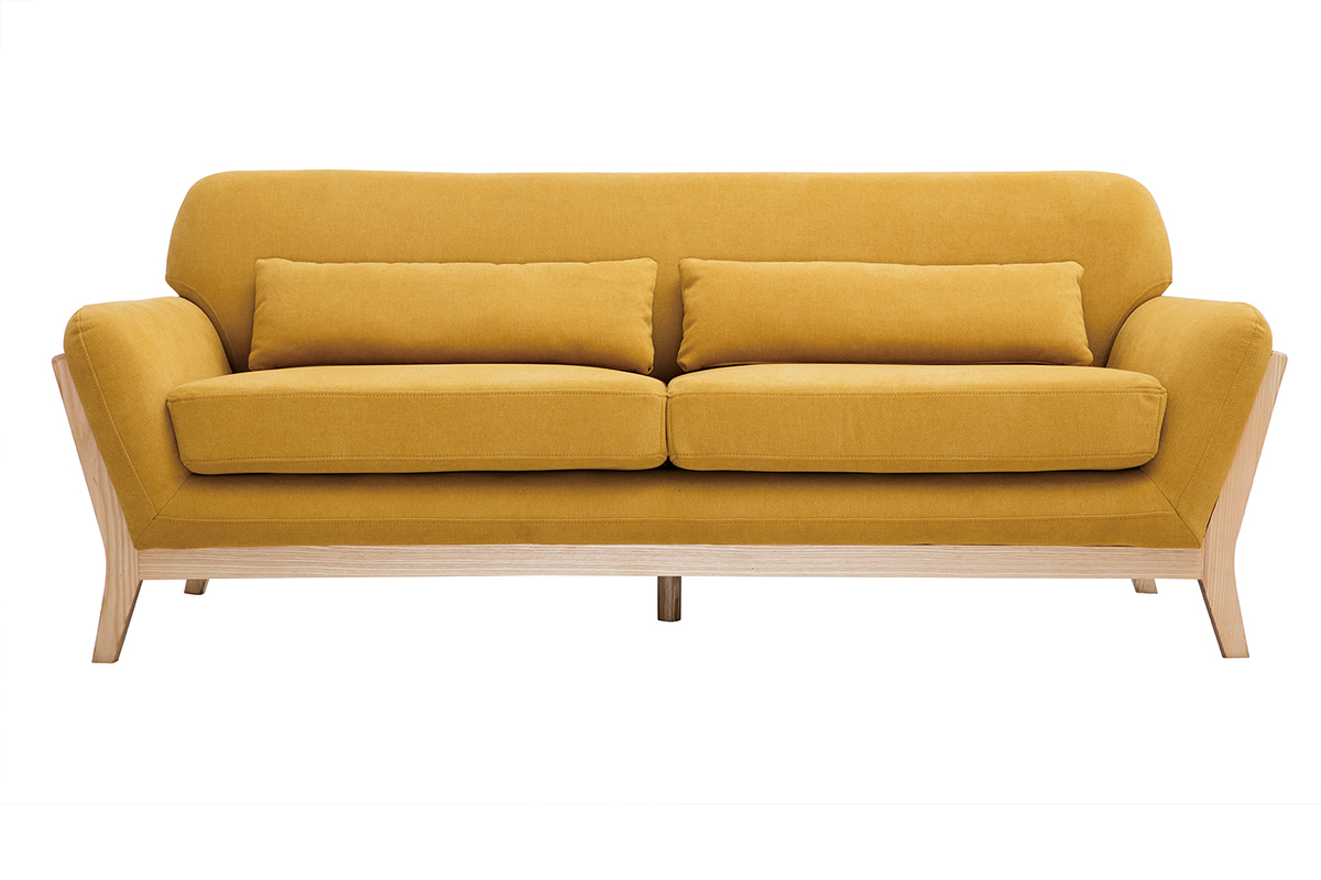 Canap scandinave 3 places en tissu effet velours jaune moutarde et bois clair YOKO