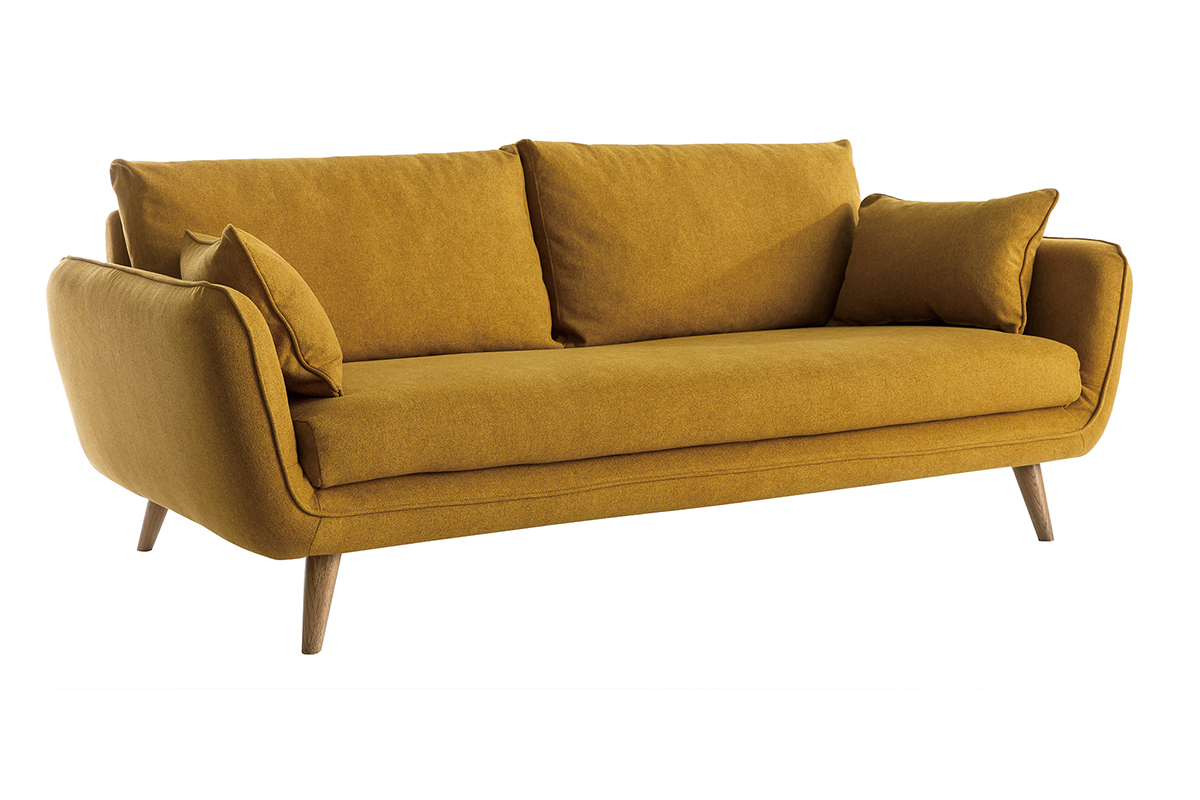 Canap scandinave 3 places en tissu jaune cumin et bois clair CREEP