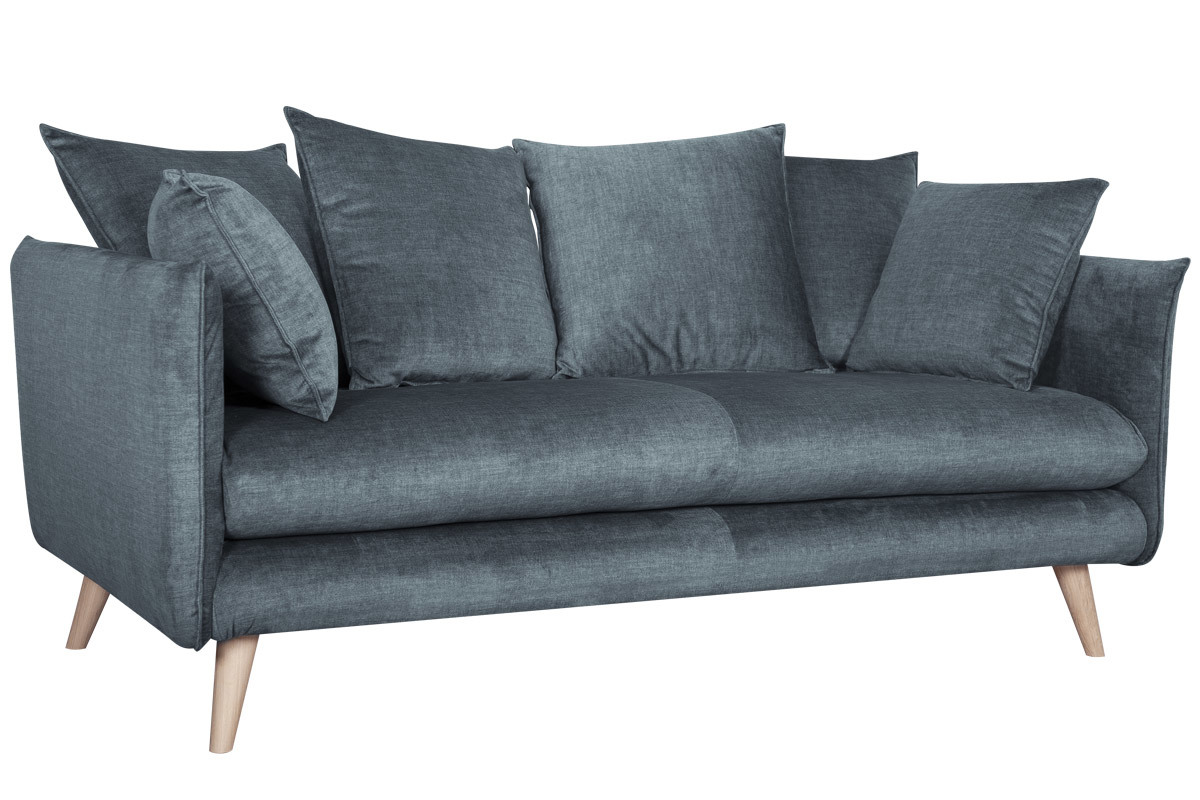 Canap scandinave 3 places en tissu velours bleu gris et bois clair OLYMPIA