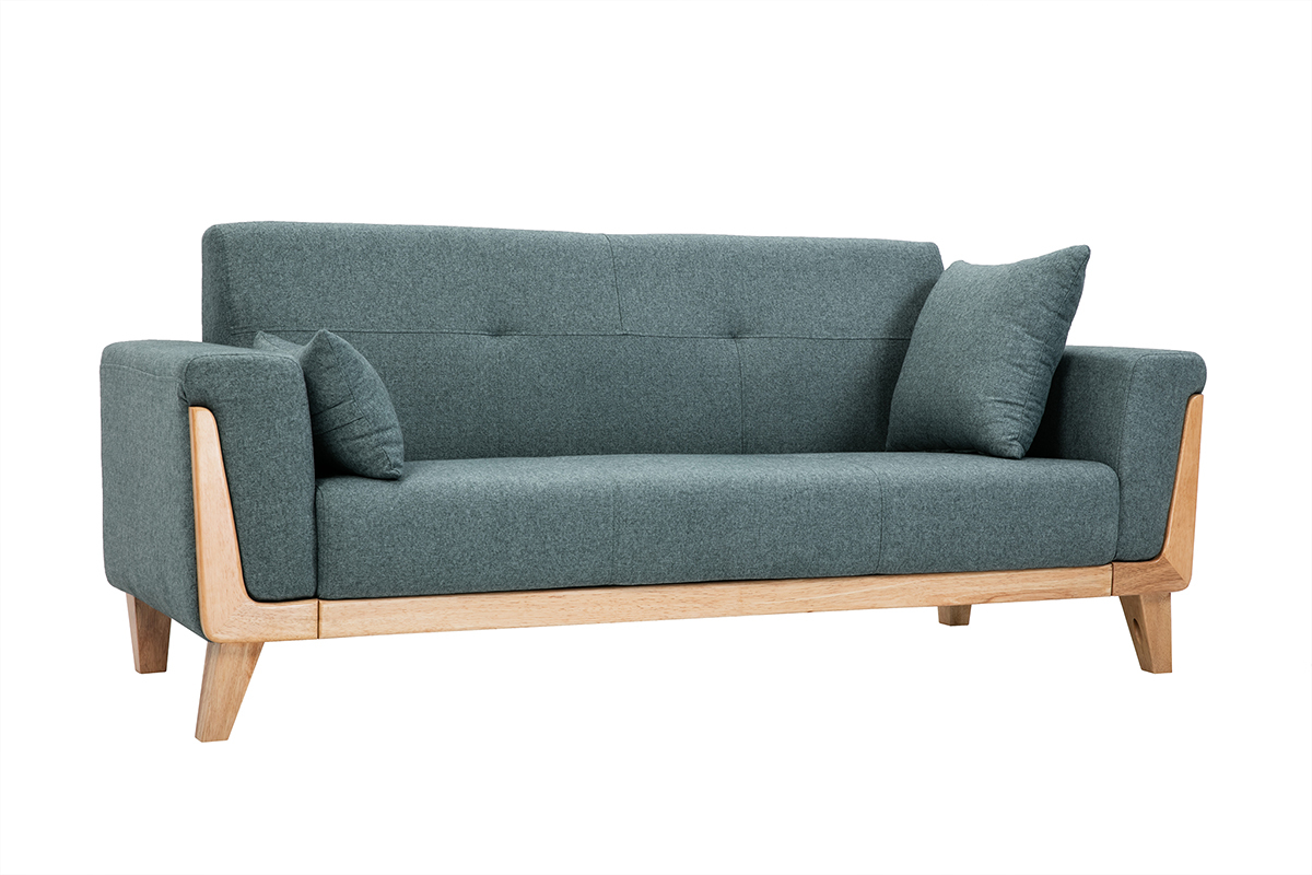 Canap scandinave 3 places en tissu vert de gris et bois clair FJORD