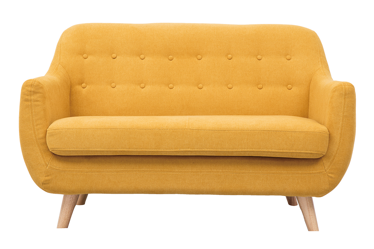 Canap scandinave dhoussable 2 places en tissu effet velours jaune moutarde et bois clair YNOK