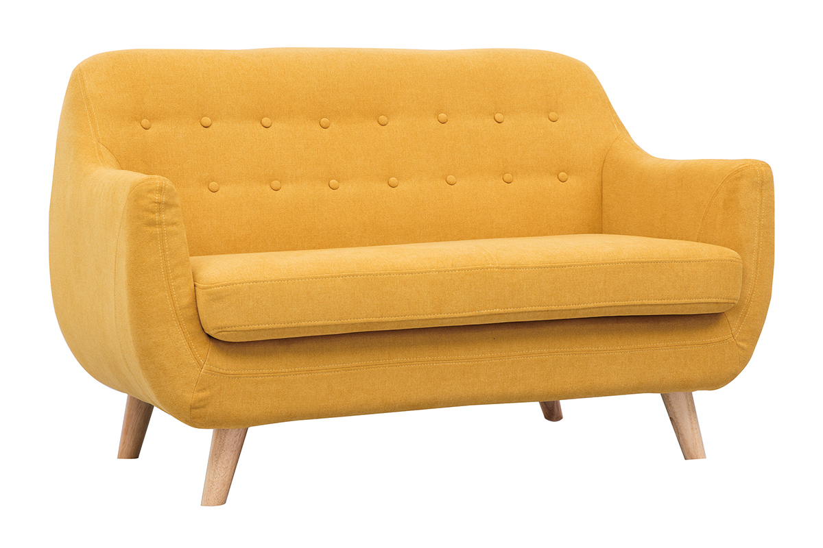 Canap scandinave dhoussable 2 places en tissu effet velours jaune moutarde et bois clair YNOK