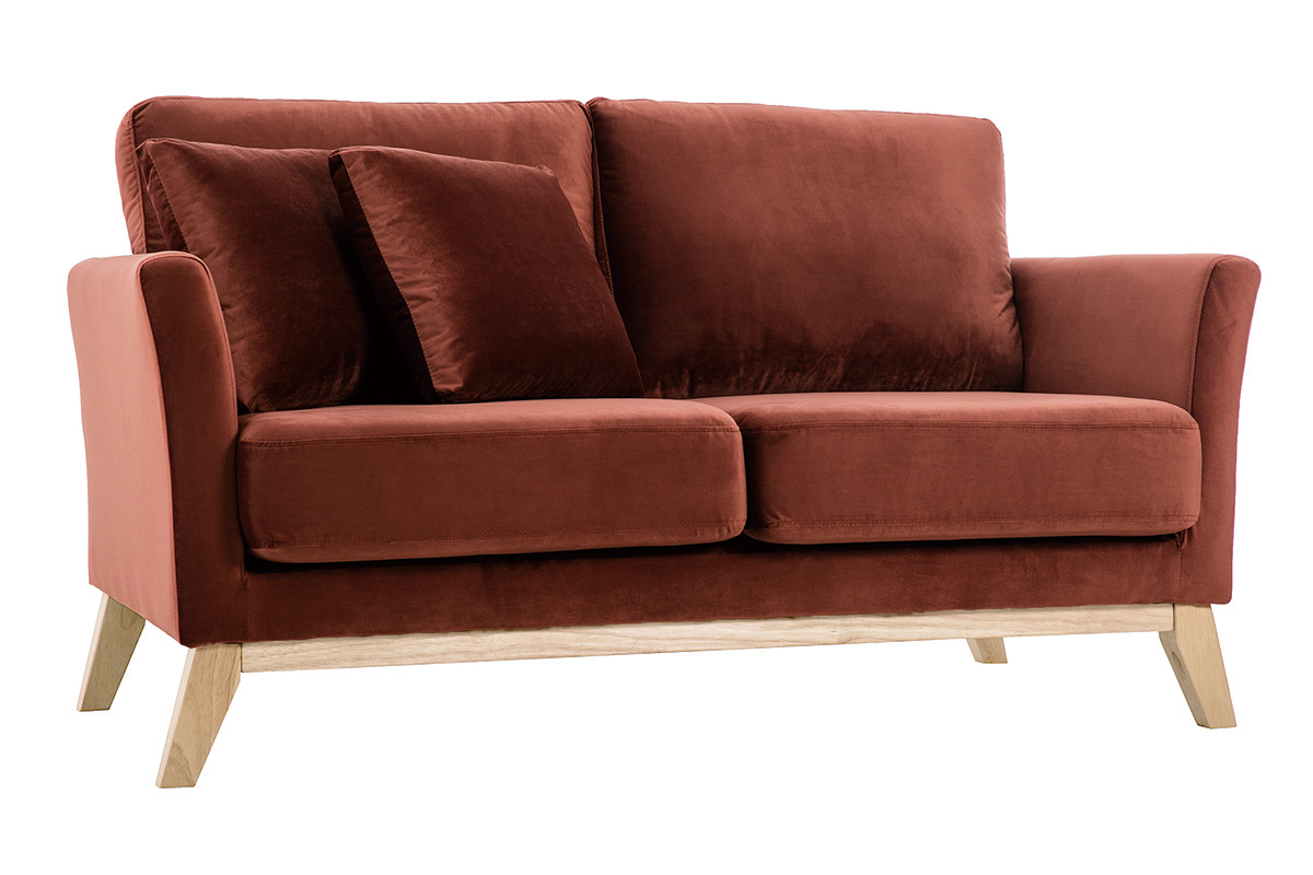 Canap scandinave dhoussable 2 places en tissu velours rouge tomette et bois clair OSLO