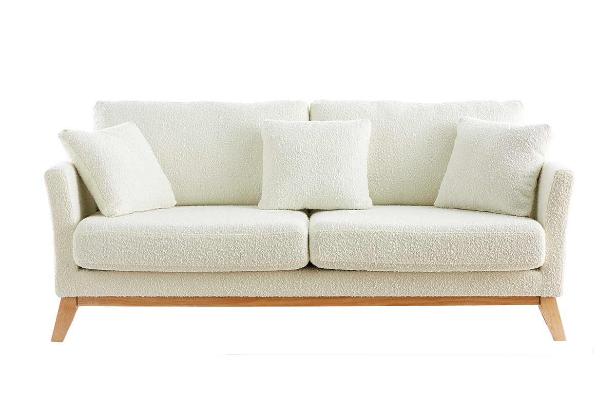 Canap scandinave dhoussable 3 places en tissu effet laine boucle blanc cass et bois clair OSLO