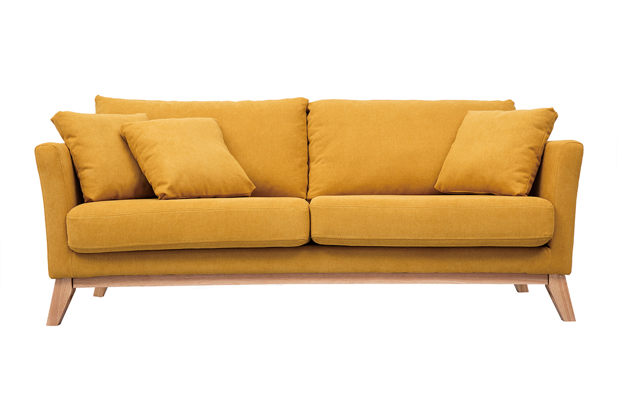 Canap scandinave dhoussable 3 places en tissu effet velours jaune moutarde et bois clair OSLO