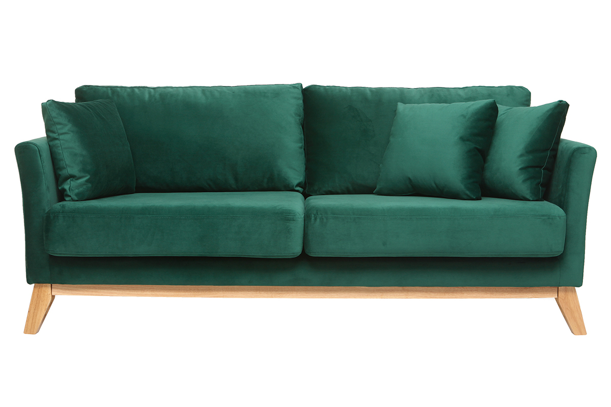 Canap scandinave dhoussable 3 places en tissu velours vert meraude et bois clair OSLO