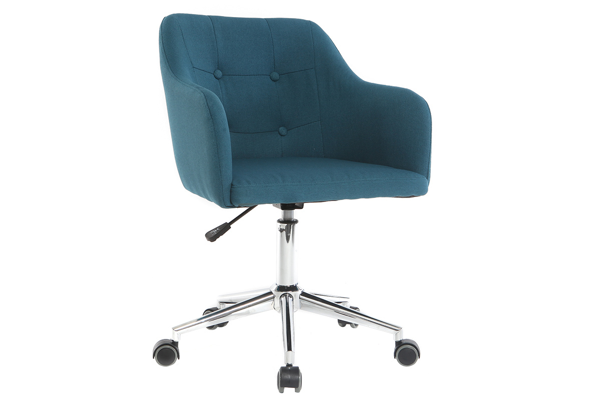 Chaise de bureau  roulettes capitonne en tissu bleu canard et acier chrom BALTIK