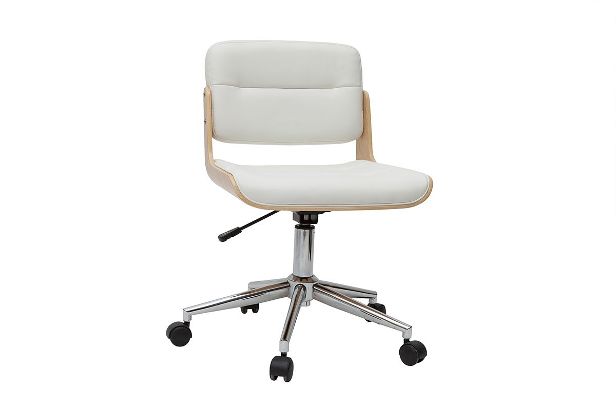 Chaise de bureau  roulettes design blanc, bois clair et acier chrom ARAMON