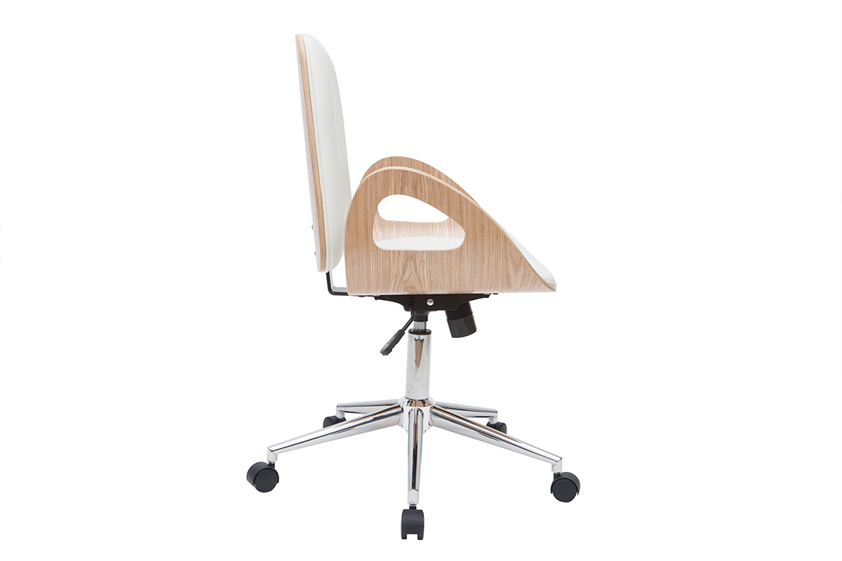 Chaise de bureau  roulettes design blanc, bois clair et acier chrom GLORY