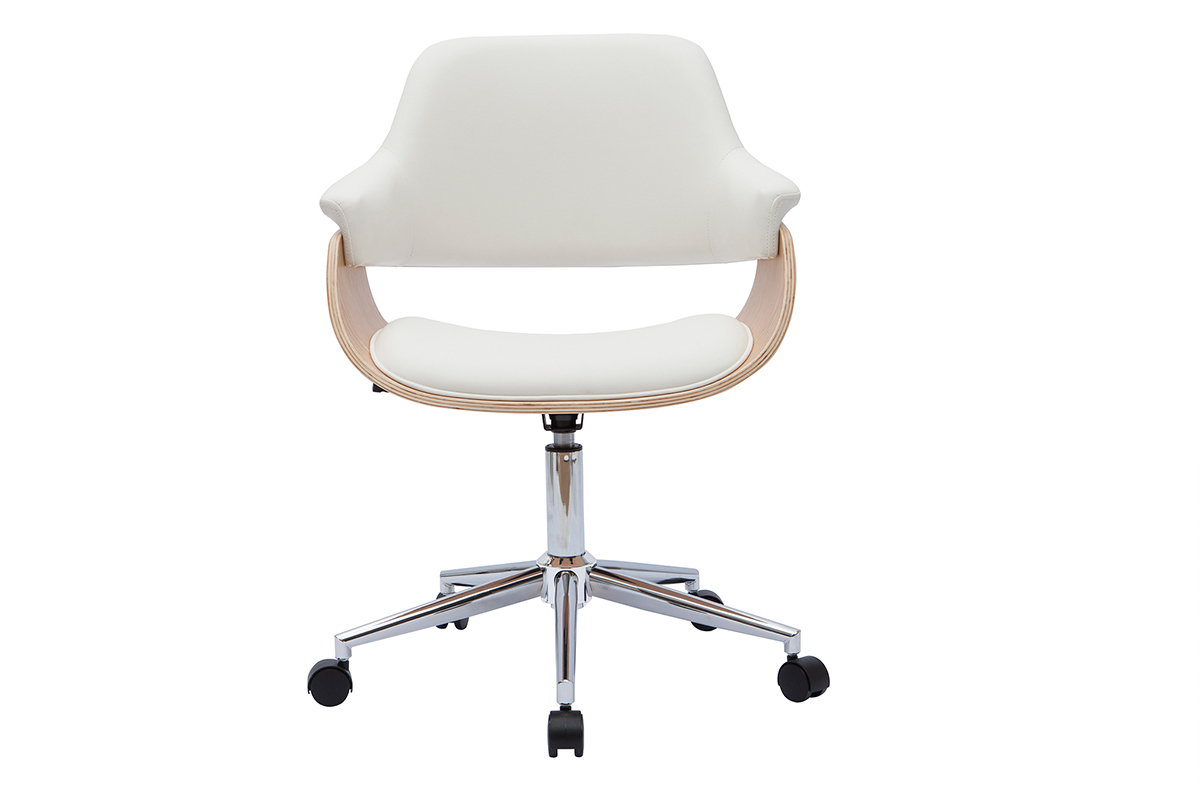 Chaise de bureau  roulettes design blanc, bois clair et acier chrom HANSEN