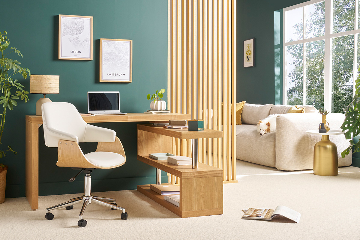 Chaise de bureau  roulettes design blanc, bois clair et acier chrom HANSEN