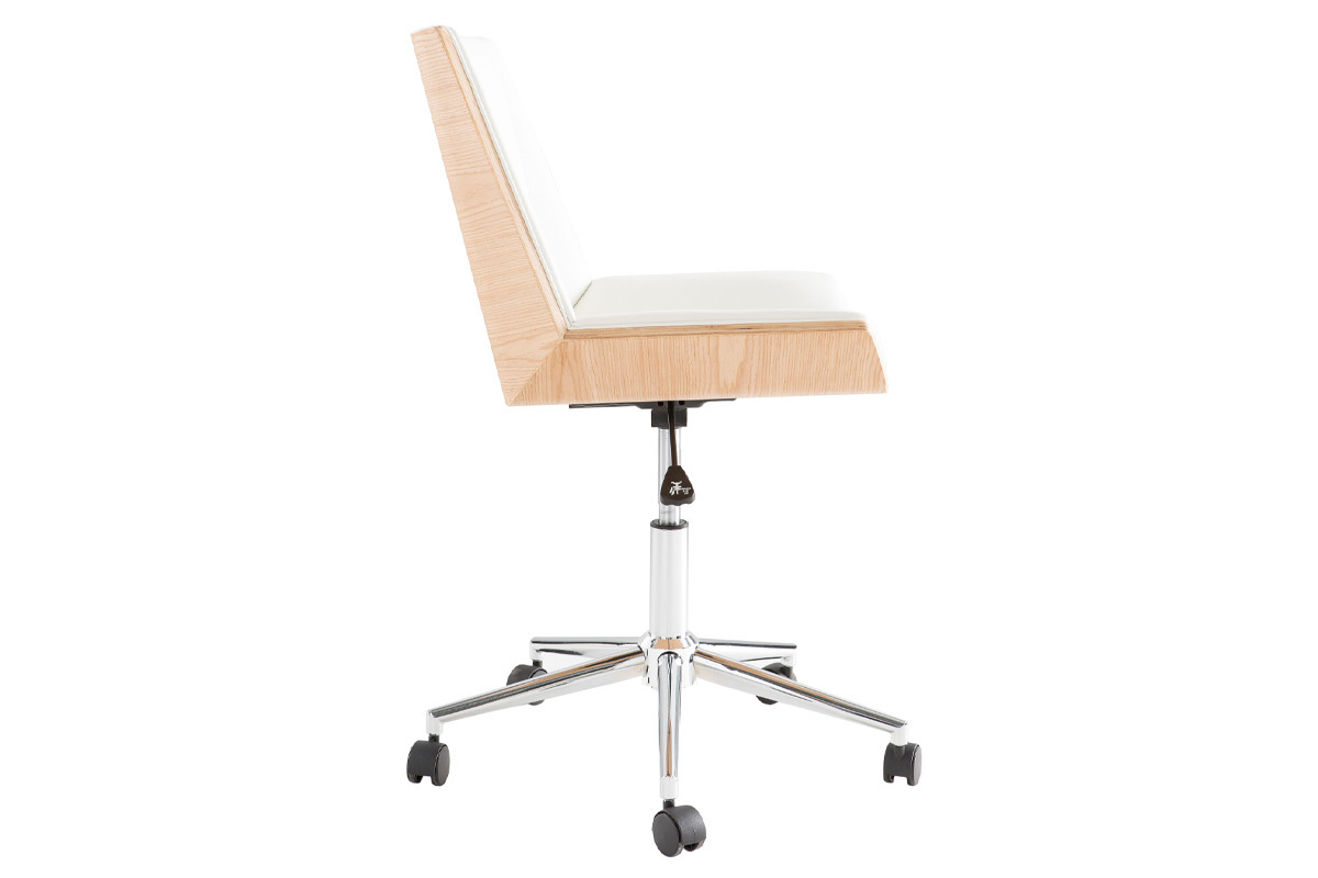 Chaise de bureau  roulettes design blanc, bois clair et acier chrom MELKIOR