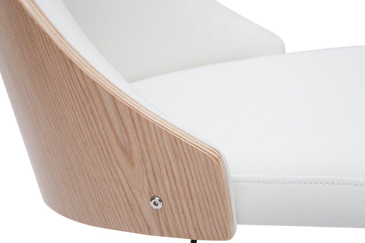 Chaise de bureau  roulettes design blanc, bois clair et acier chrom QUINO