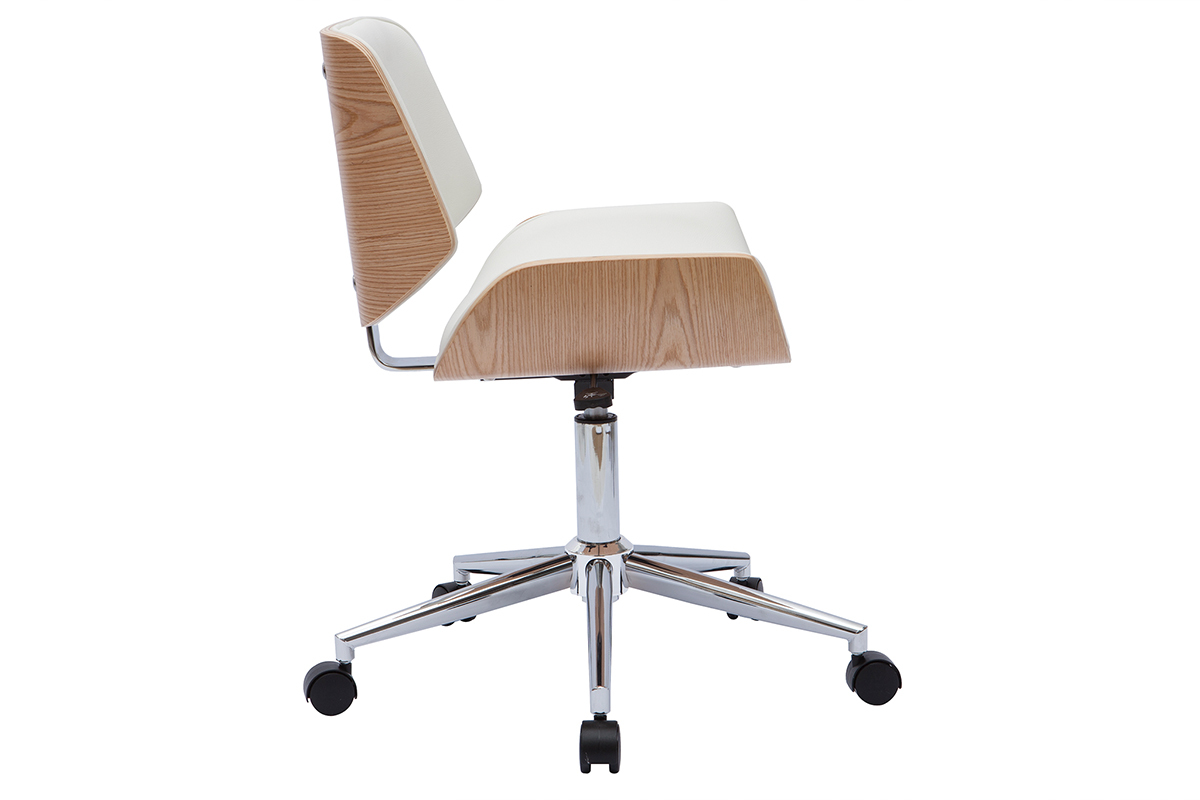 Chaise de bureau  roulettes design blanc, bois clair et acier chrom RUBBENS