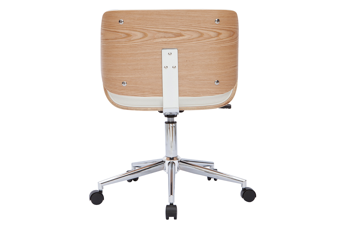 Chaise de bureau  roulettes design blanc, bois clair et acier chrom RUBBENS