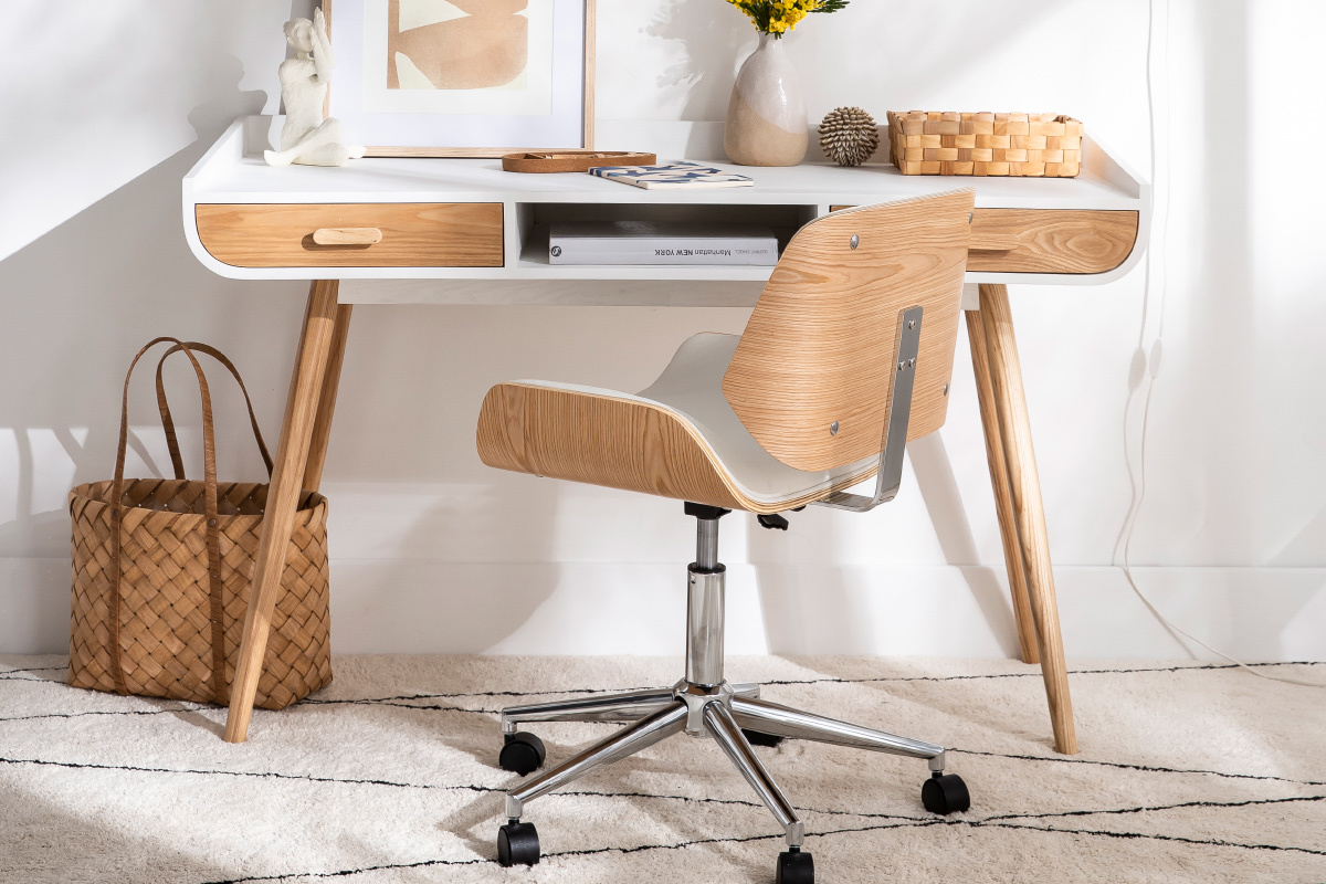 Chaise de bureau  roulettes design blanc, bois clair et acier chrom RUBBENS