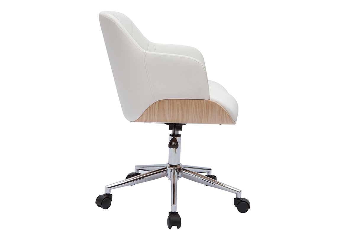 Chaise de bureau  roulettes design blanc, bois clair et acier chrom SANDRO