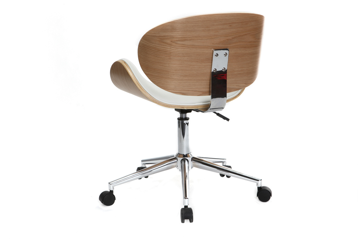 Chaise de bureau  roulettes design blanc, bois clair et acier chrom WALNUT