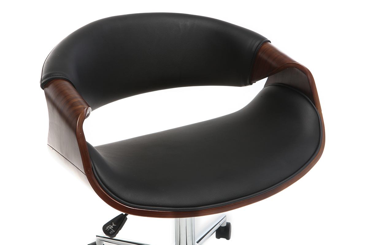 Chaise de bureau  roulettes design noir, bois fonc noyer et acier chrom ARAMIS