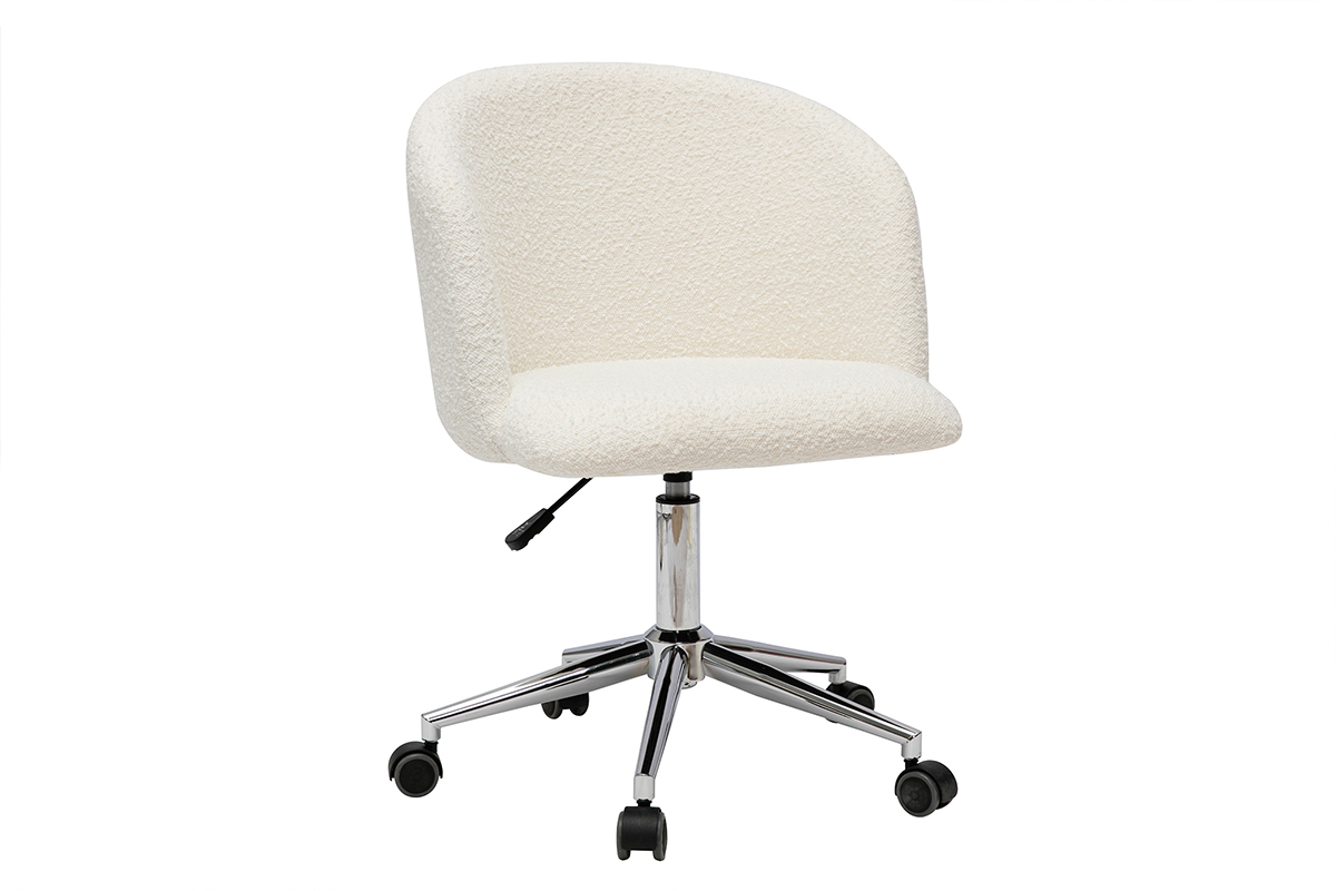 Chaise de bureau  roulettes en tissu effet laine boucle blanc cass et acier chrom VANITY