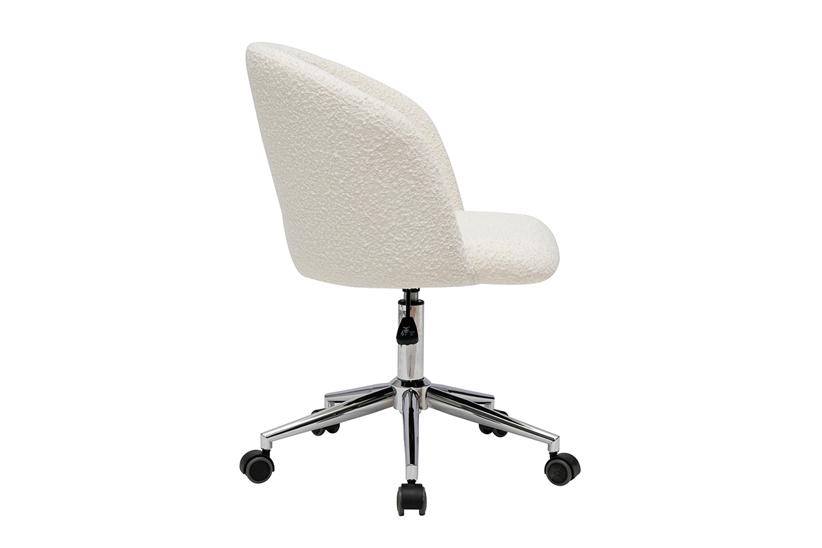 Chaise de bureau  roulettes en tissu effet laine boucle blanc cass et acier chrom VANITY