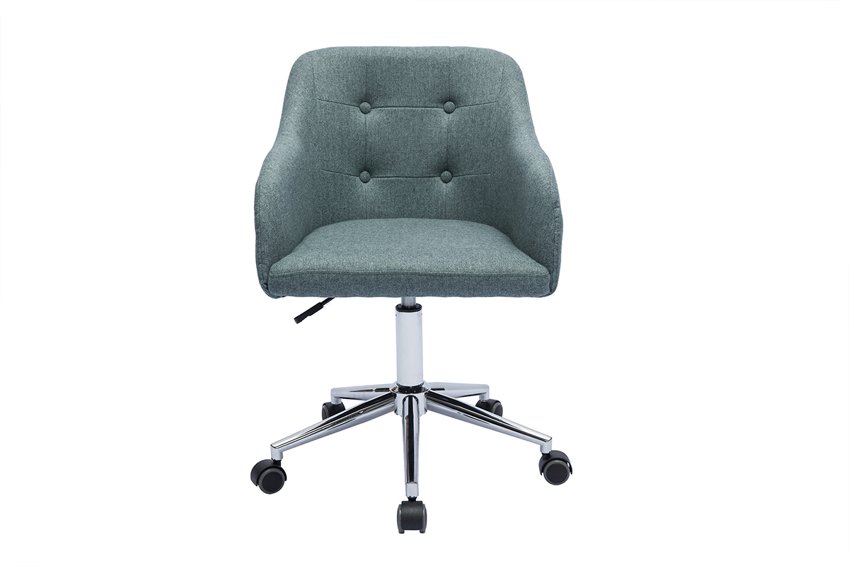 Chaise de bureau capitonne  roulettes en tissu effet velours textur vert de gris et mtal chrom BALTIK