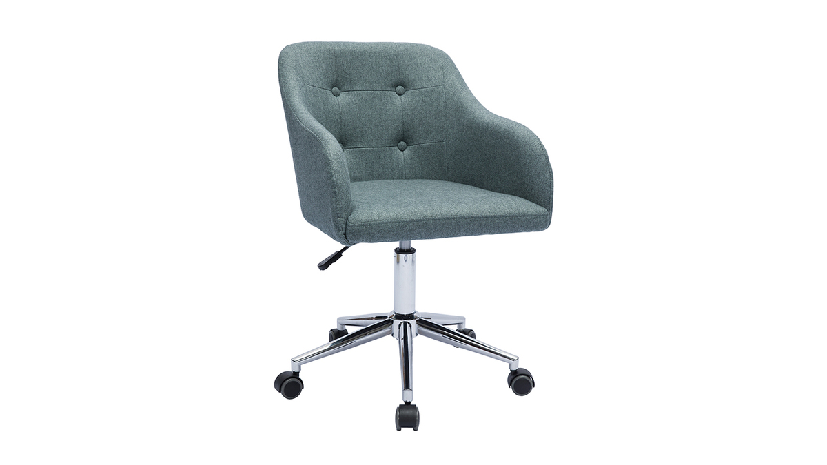 Chaise de bureau capitonne  roulettes en tissu effet velours textur vert de gris et mtal chrom BALTIK