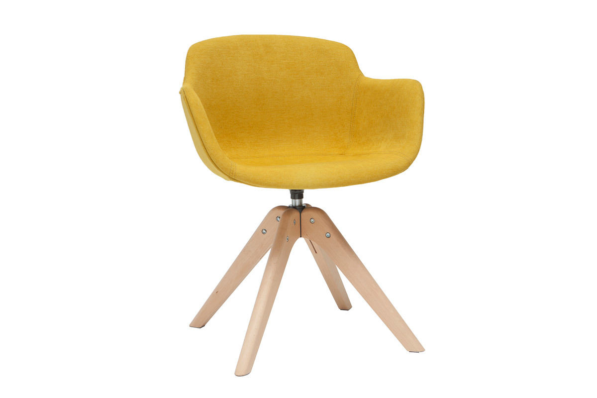 Chaise design en tissu effet velours jaune moutarde et bois clair massif AARON