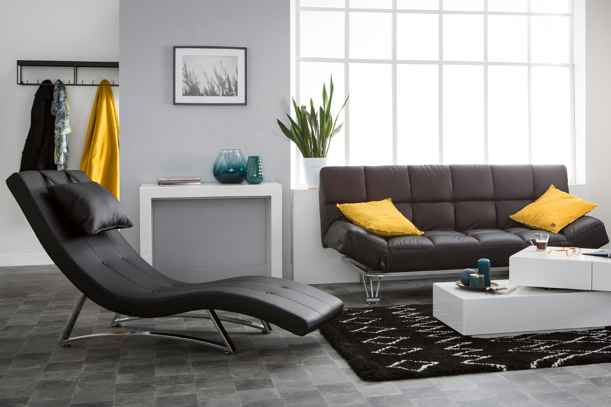 Chaise longue design noir et acier chrom BARTY