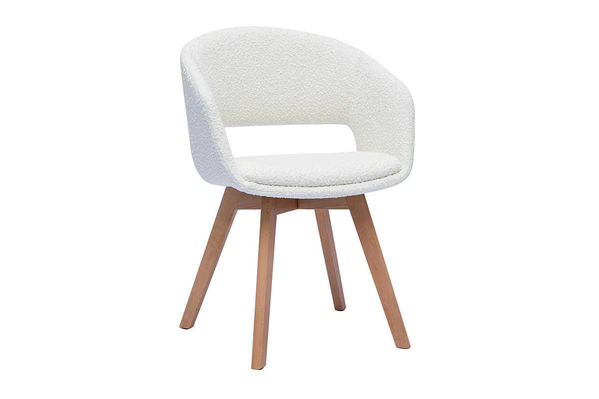 Chaise scandinave en tissu effet laine boucle blanc et bois clair massif PRISMA