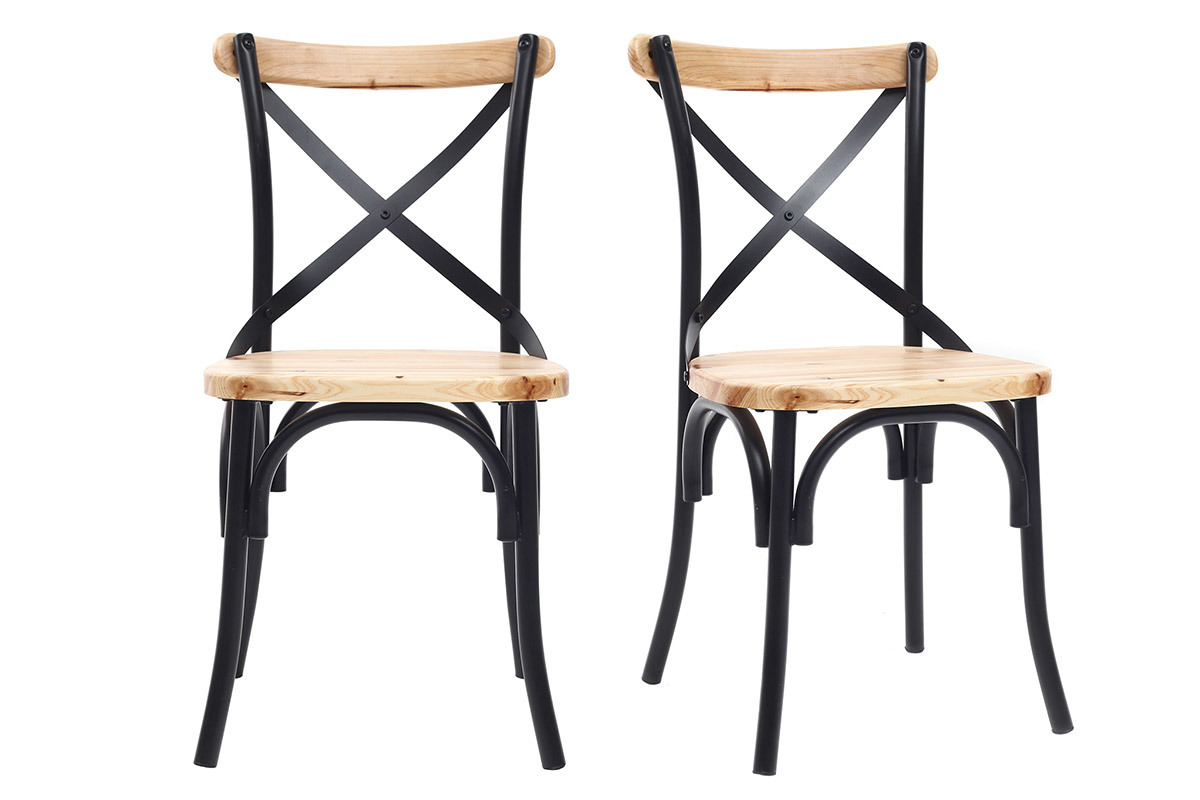 Chaises bistrot bois clair massif et mtal noir (lot de 2) JAKE