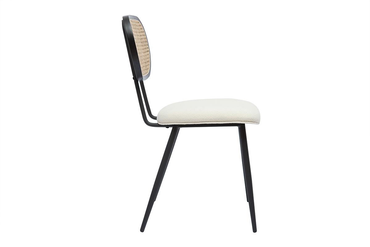 Chaises design en tissu effet laine boucle blanc cass, mtal noir et cannage rotin naturel (lot de 2) TOLMA