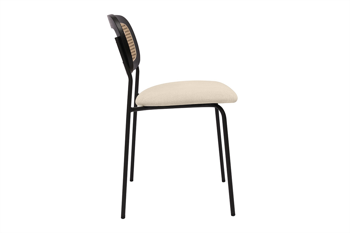 Chaises design en tissu effet velours textur beige, mtal noir et cannage rotin (lot de 2) MIRANDA