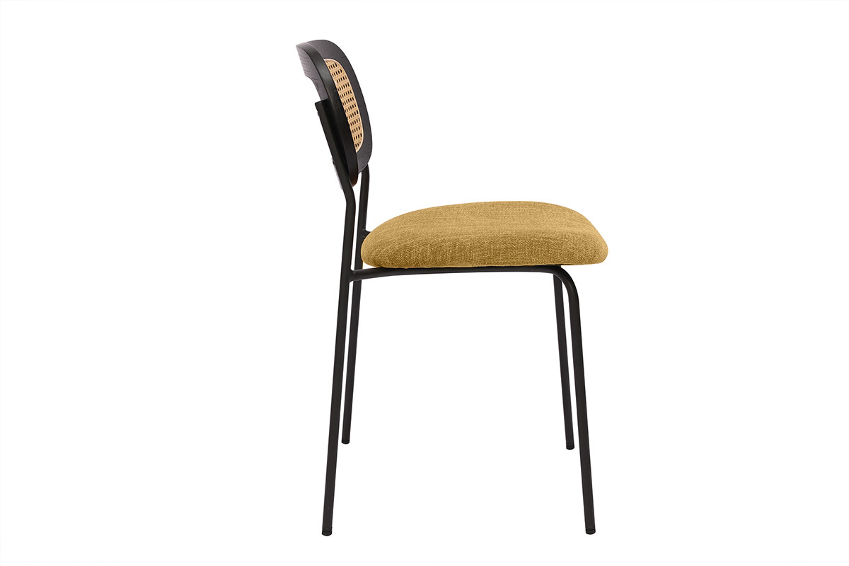 Chaises design en tissu effet velours textur bronze, mtal noir et cannage rotin (lot de 2) MIRANDA